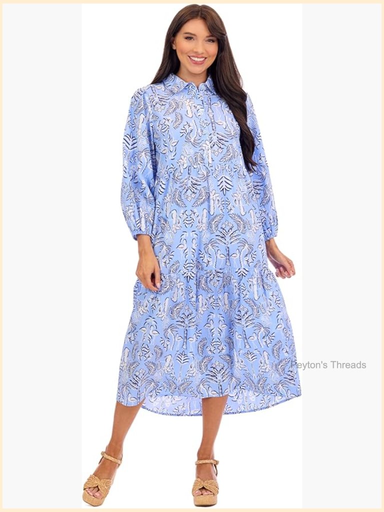 Pearl Button Chest Midi Dress With Elastic Cuff Sleeves